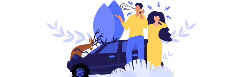 An illustration of a couple trying to figure out what to do after hitting a deer with their car.