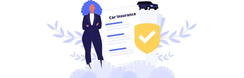 An illustrative image of a woman and documents of car insurance policy.