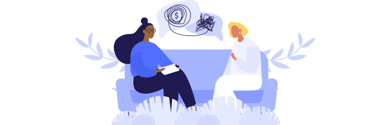 An illustrative image of a woman consulting her money problems to a financial therapist.