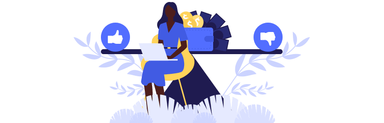 An illustration of a woman researching the benefits and risks of personal loans on her laptop.