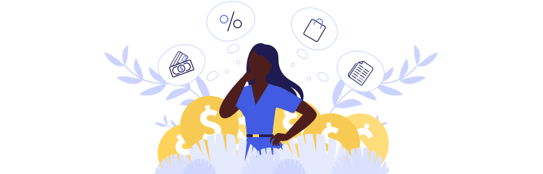 An illustration of a woman considering her options when it comes to personal loans.