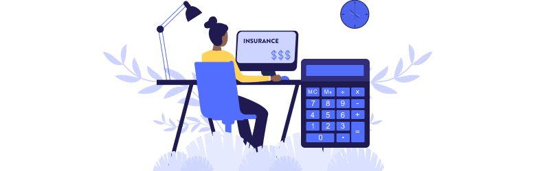 An illustration of a girl calculating her premiums in front of a desktop.