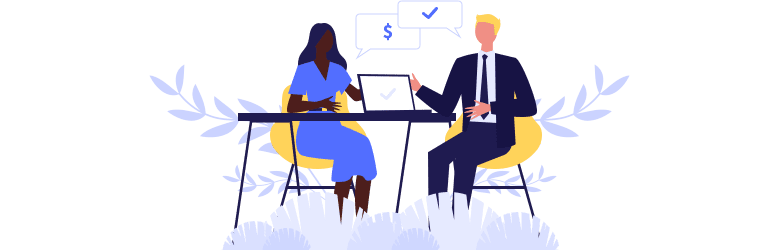 An illustration of a woman asking an expert about whether she should take out a personal loan.
