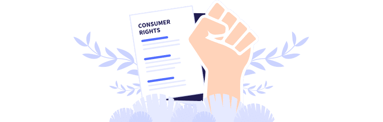 An illustrative image of a clenched fist and a consumer rights document.