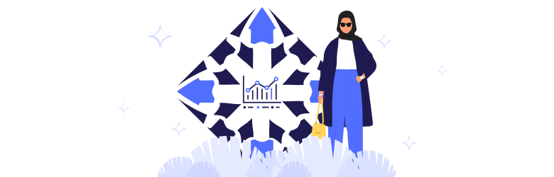 An illustration of a woman in a hijab holding her purse and standing in front of beautiful artwork.