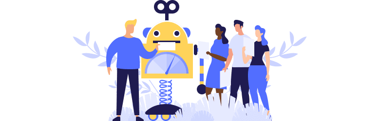 An illustrative image of a man submitting a credit report into a FICO robot and a group of people. 