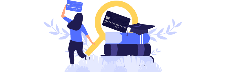 An illustrative image of a woman with a student credit card, a cap, and a stack of books.