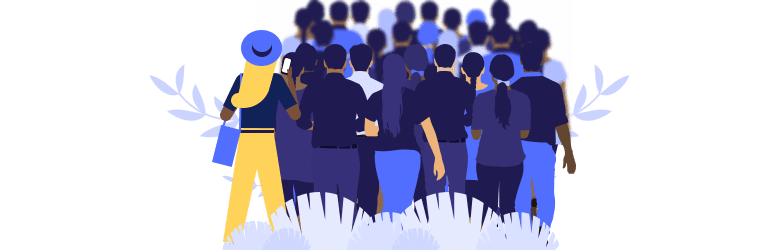 An illustration of a woman standing at the back of a large crowd waiting to enter the establishment.