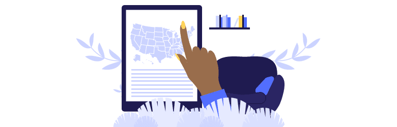 An illustrated image of a finger pointing to a flood map. 