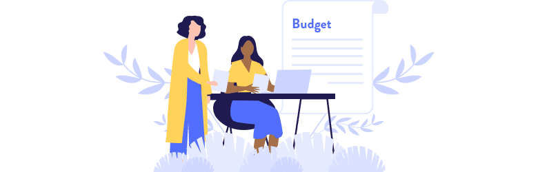 An illustration of two women discussing how to best budget as a couple.