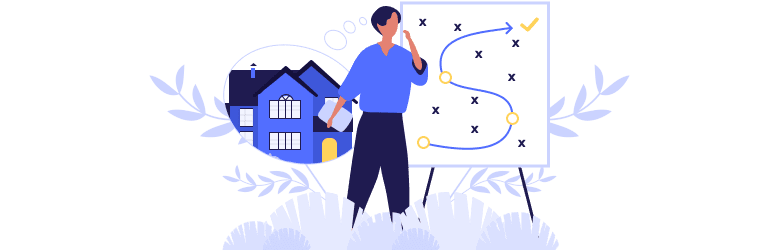 An illustration of a person planning out their finances so they can purchase a home one day.