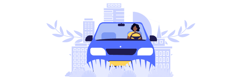 An illustration of a person driving in their car around their city.