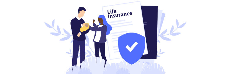 An illustrative image of a dad holding their baby, a mom comforting their baby and a set of life insurance documents.