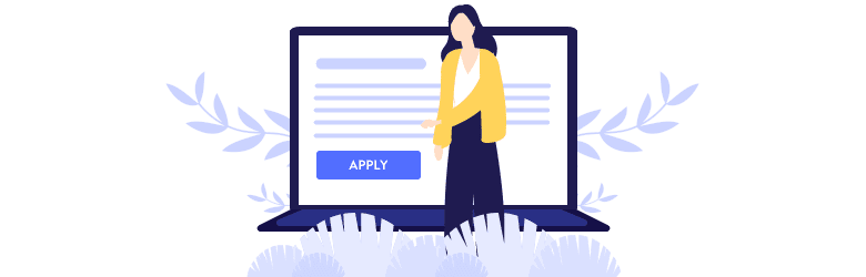 An illustration of a woman searching and applying to jobs online.