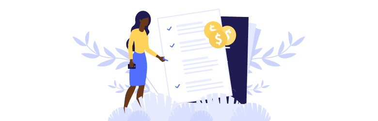 An illustration of a woman making sure she understands the key factors credit score, available servicers and rewards — before she pays with a credit card.