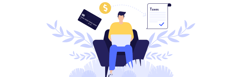 An illustration of a man paying his taxes with a credit card to get rewards.