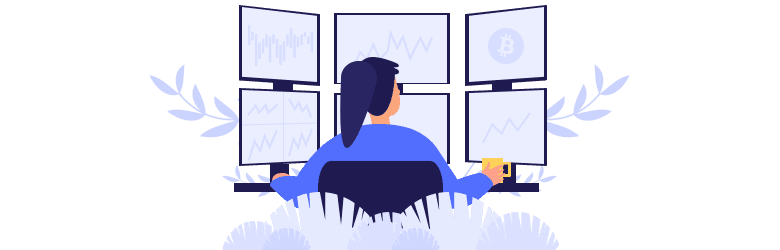 Illustration of woman looking at investments on six computer monitors