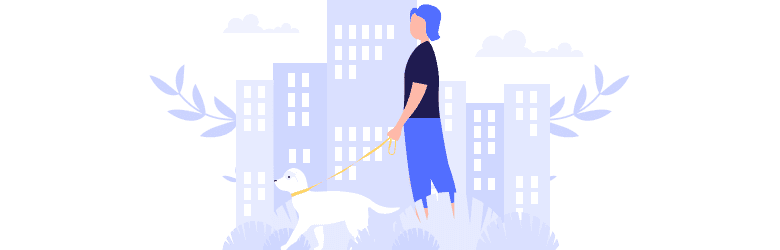 An illustrative image of a pet owner walking with her dog.