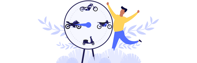 An illustration of a man using a spinner wheel to decide which motorcycle option is best for him.