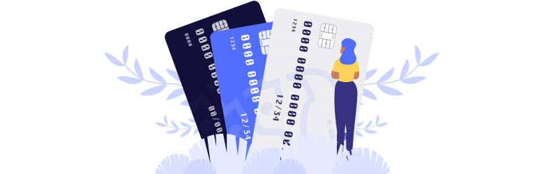 An illustration of a woman learning more on the three types of cash back cards.