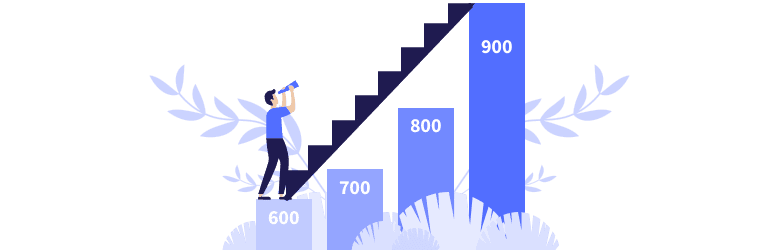 An illustrative image of a man using a binoculars and climbing stairs of credit score.