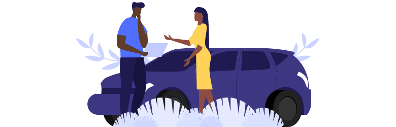 An illustration of a man discussing with his wife if they should do a defensive driving course.