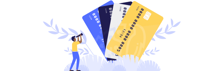 An illustration of a man reviewing each credit card to determine if they offer purchase protection options.