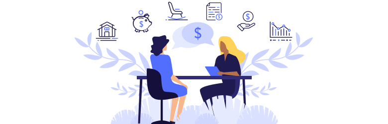 An illustrative image of a woman consulting to a financial advisor about her financial planning. 