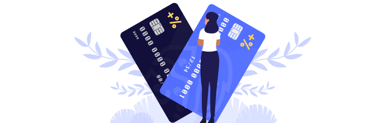 An illustration of a woman looking at two credit cards with added foreign transaction fees.