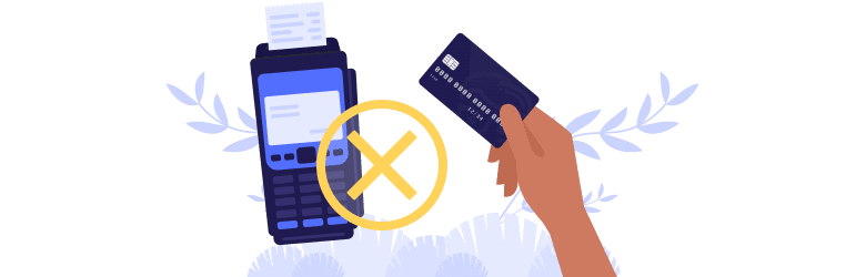 An illustration of a hand holding a credit card and the card is getting denied.