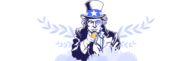 An illustration of Uncle Sam holding a magnifying glass and examining Bitcoin.