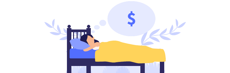 An illustration of a woman thinking about money in her sleep.