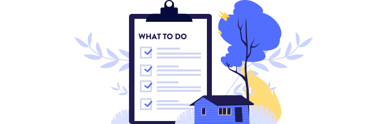 An illustrated checklist and home near a wildfire.