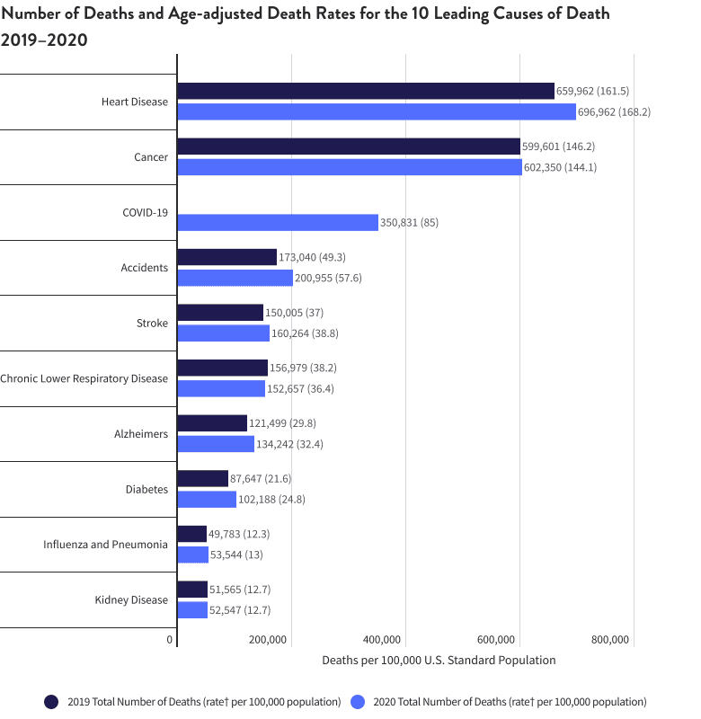 Number of Deaths and Age-adjusted Death Rates for the 10 Leading Causes of Death 2019–2020