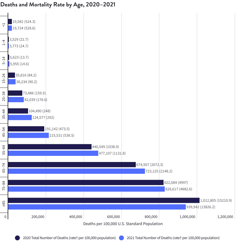 Deaths and Mortality Rate by Age, 2020–2021