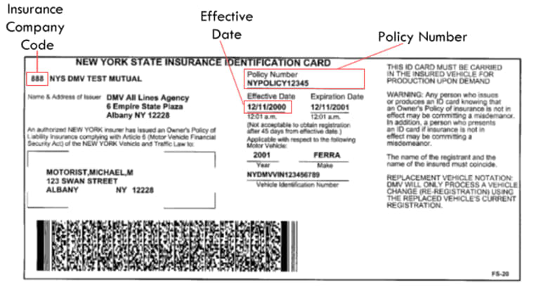 Example of vehicle insurance card from the New York State DMV