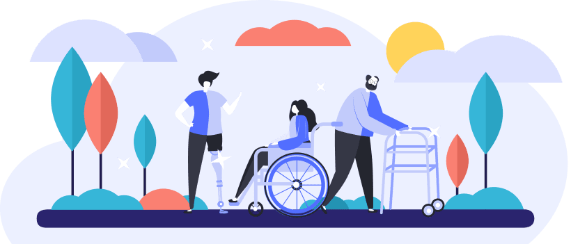An illustration of three people (a young person with a prosthetic leg, a woman in a wheelchair and a man using a walker) enjoying a nice fall day.