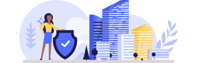An illustration of a young woman holding a protection shield and standing in front of her apartment building.