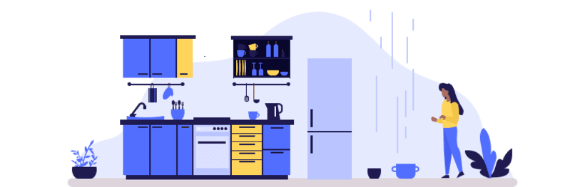 An illustration of a young woman inside her apartment with a leaking roof.