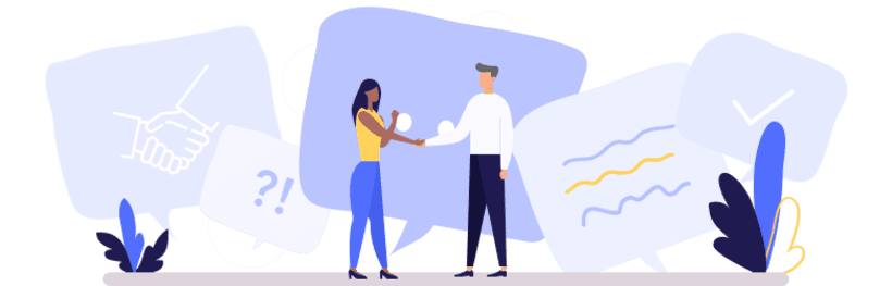 An illustration of a young woman is shaking hands with her landlord after they resolved a conflict.