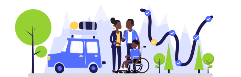 An illustration of a young couple and their child with disabilities are getting ready to go on their road trip. The car is packed, and the road is planned.