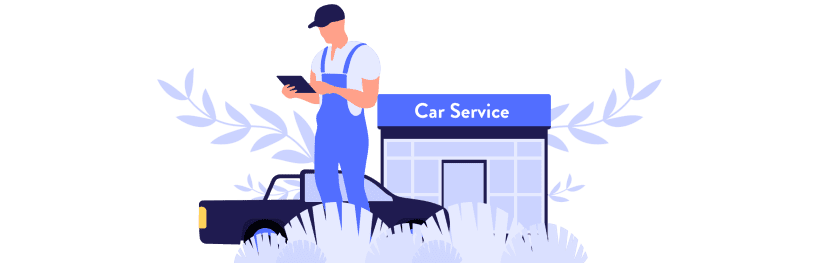An illustrated image of a mechanic standing in front of a car workshop.