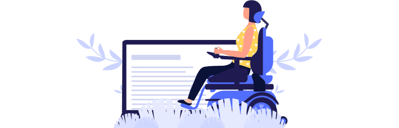 An illustrated image of a woman sitting in an electric wheelchair.