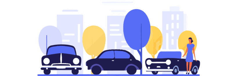  Cars parked in a city with trees and a woman standing nearby in a minimalist illustration.