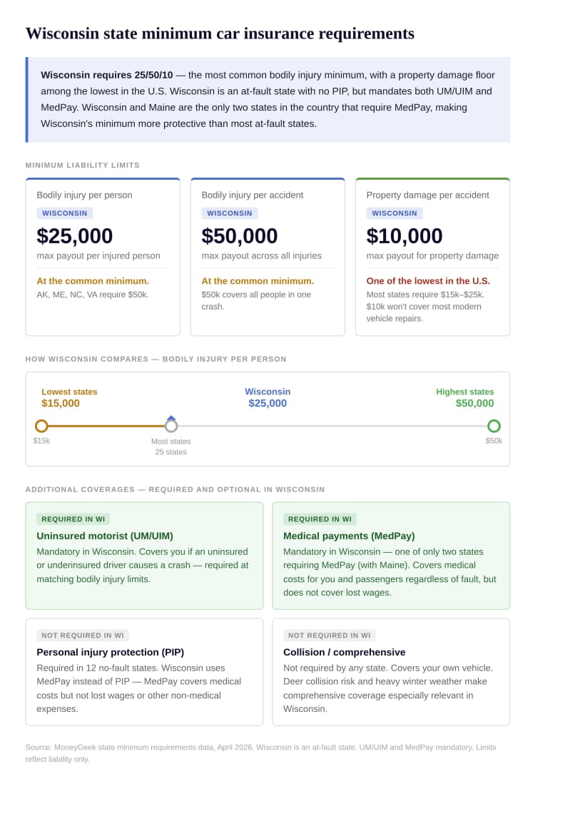 An image showing how Wisconsin’s state minimum coverage compares to other states and an explanation of what is covered and where you are left unprotected.
