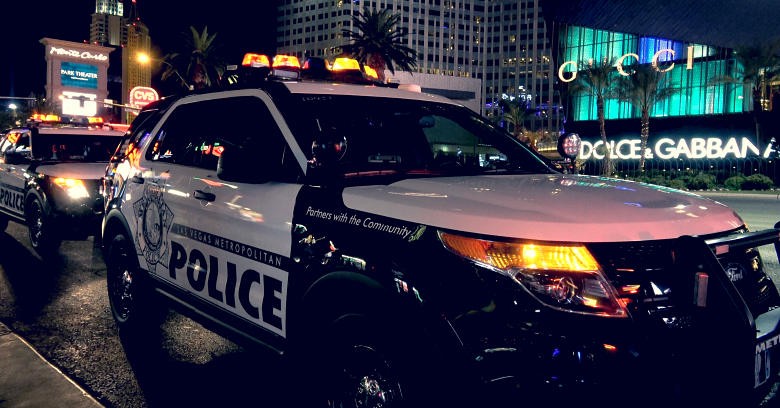 A Las Vegas Metro police car patrols the Las Vegas strip