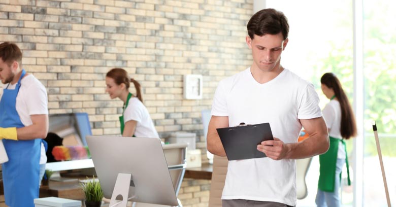 A cleaning crew supervisor checks the work of housecleaners and determines a price for the owner of the property