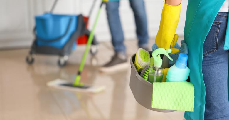 A cleaning crew arrives at a home with an ample amount of cleaning supplies