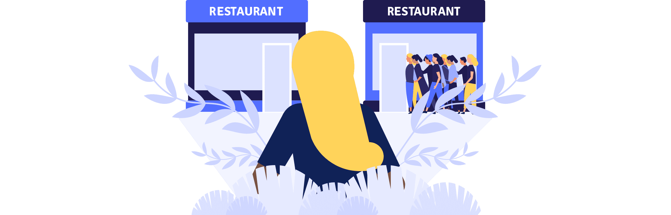 An illustration of a woman deciding on where to eat: one restaurant has a line out the door and the other does not.