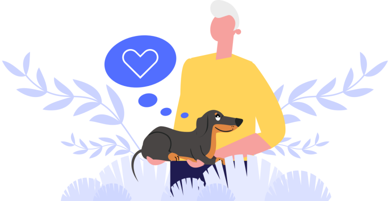 An illustrative image of an older adult hugging and petting his dog. 
